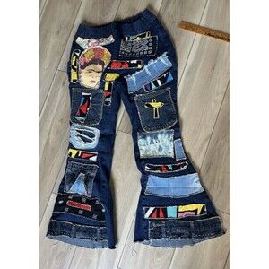 Frida Kahlo Upcycled Embroidered Patchwork Jeans Sz L Wearable Art One of a Kind